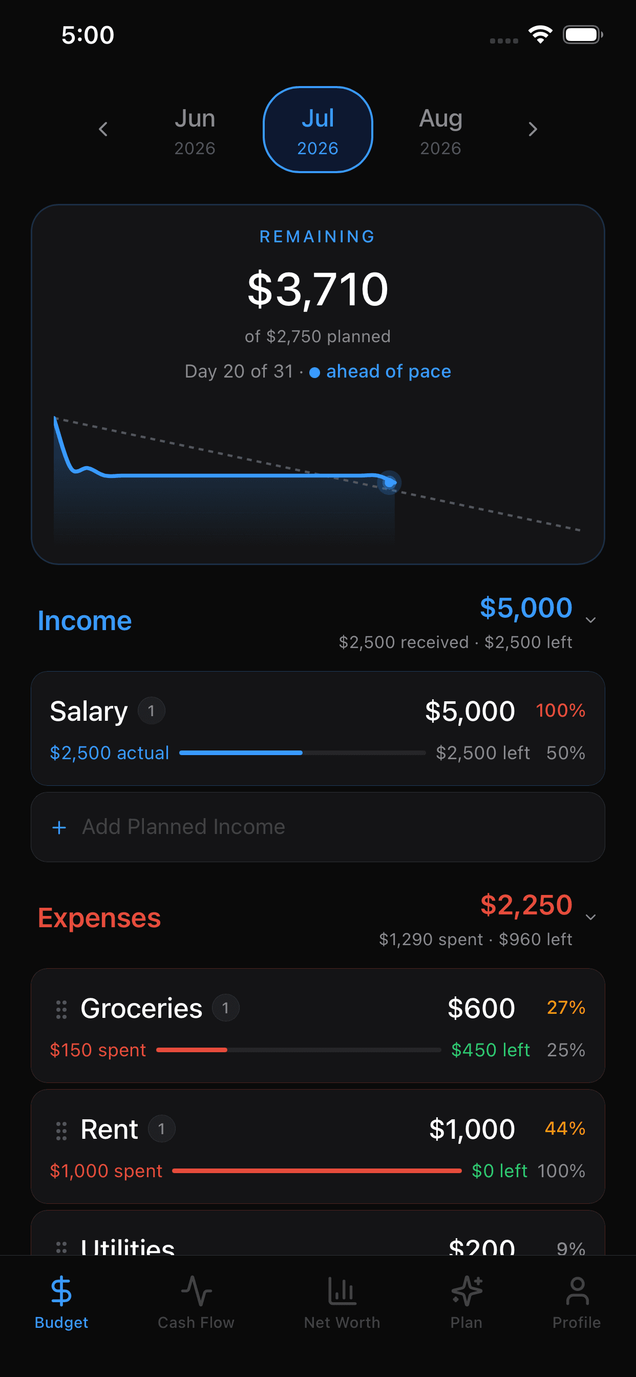 Finjective Budget tab showing planned vs. actual spending by category