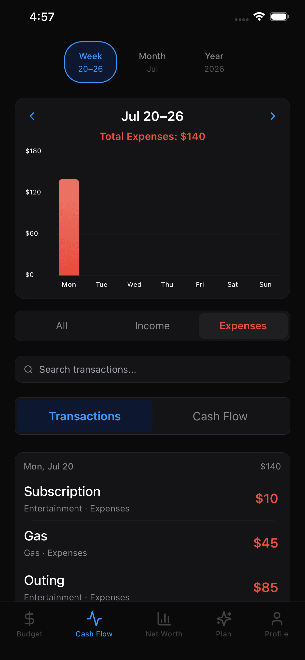 Finjective Cash Flow tab showing income and expenses over time