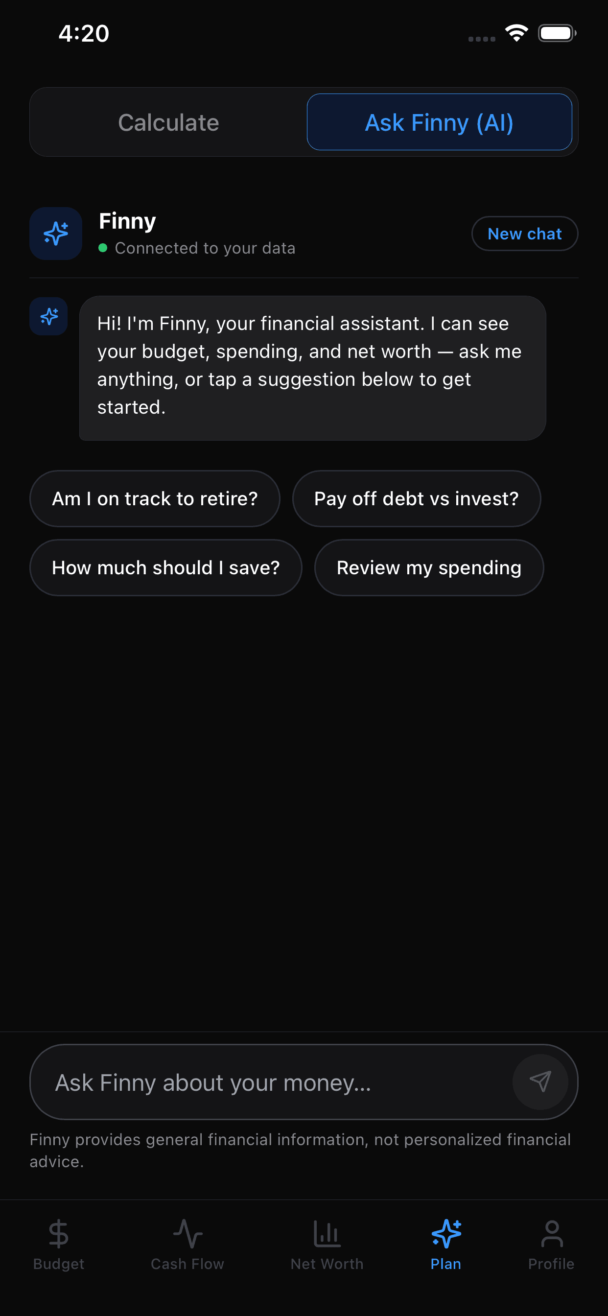 Finny chat, connected to your data, with suggestion chips