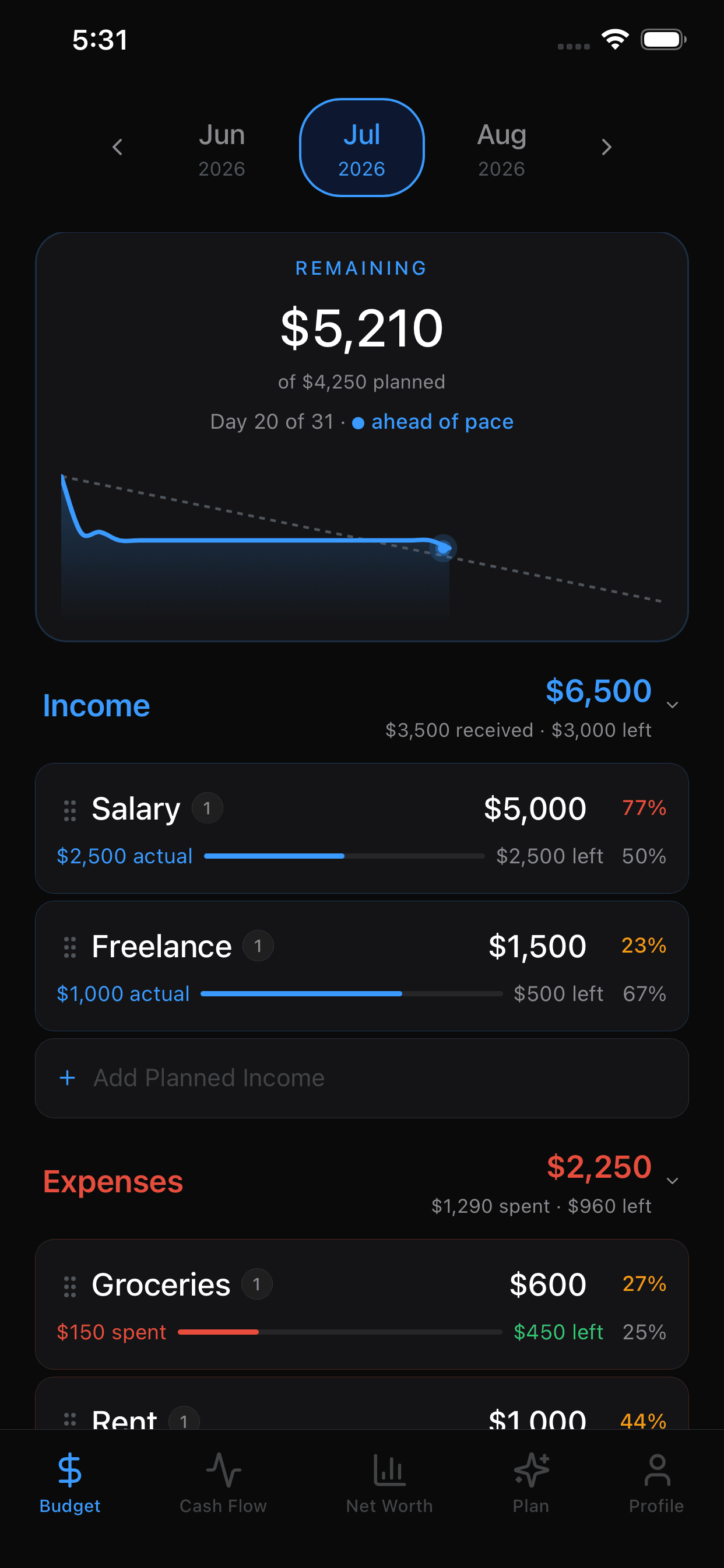 Finjective Budget tab showing planned vs. actual spending by category
